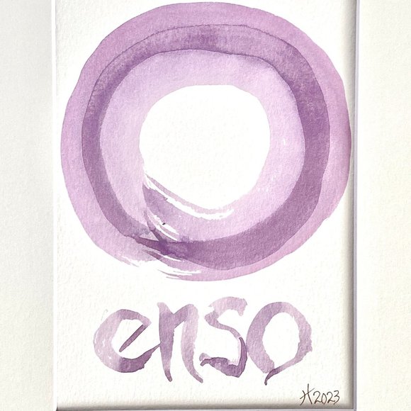 Purple Enso Play Original Handmade Watercolor Painting Cream Mat 8x10in